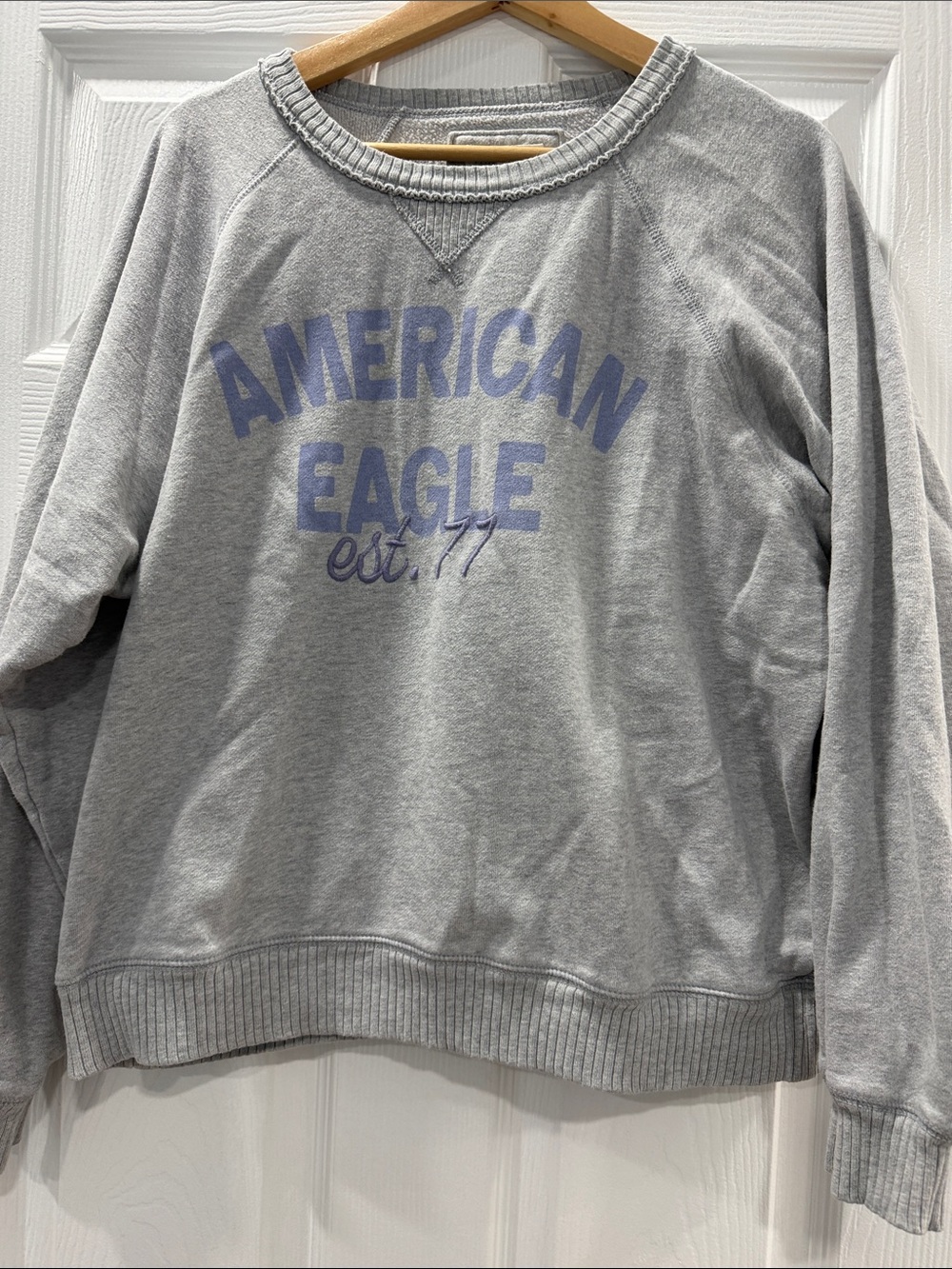 American Eagle Outfitters Gray Crewneck Sweatshirt with Lavender Logo